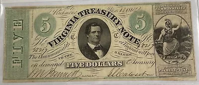 1862 Civil War Virginia Commonwealth Treasury $5 Note  • $60