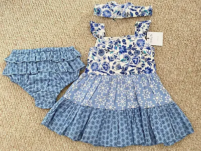 Baby Girls 3-6 Months Summer Outfit Dress Headband Bloomers Blue Floral Tu BNWT • £9.99