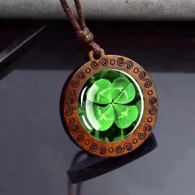 Four Leaf Clover Pendant Green Lucky Wooden Rope Chain Necklace Men Women Green • $13.98