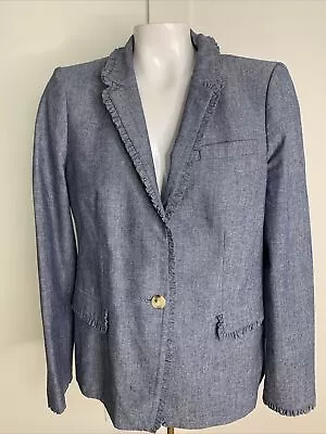 J. Crew Regent Women’s Blue Chambray Ruffle Trim Blazer Size 12 • $42.49