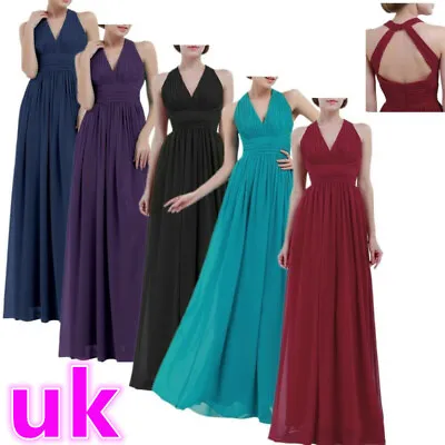 UK Women's Maxi Long Ball Gown Chiffon Halter V Neck Backless Bridesmaid Dress • £36.99