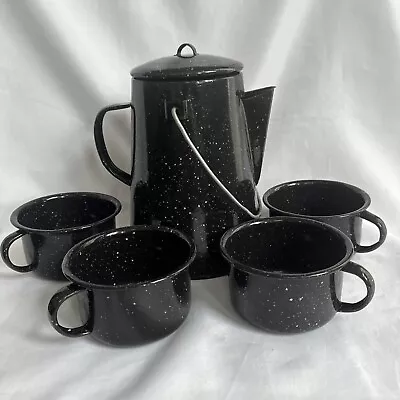 Vintage Black Metal Enamelware White Speckle Camp Coffee Pot And 4 Cups • $35