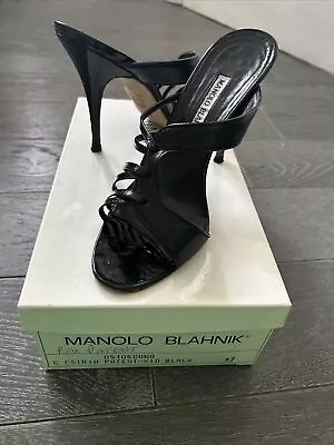 MANOLO BLAHNIK Black Leather Heeled Slingback Mules Sandals Box UK 4 Pristine • £50