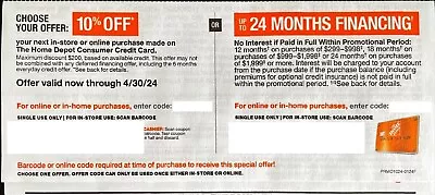 HOME DEPOT Coupon 10% Off Online / In Store OR 24 Months Financing Exp 04/20/24 • $24.99