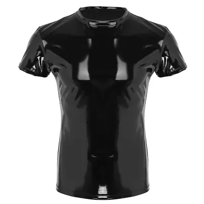 Men Latex T Shirts Wetlook Leather Short Sleeve Nightclub Crop Tops Vest Costume • £11.76