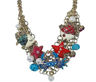 Betsey Johnson Icy Crystal Fish Crab Charm Statement Necklace 20  Crabby Couture • $238