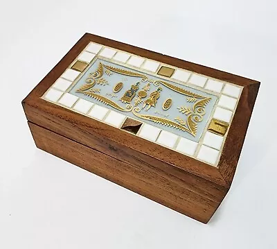 Vintage Gerorges Briard Wood Mosaic Tile Trinket Box Turquoise Gold MCM Retro • $49.99