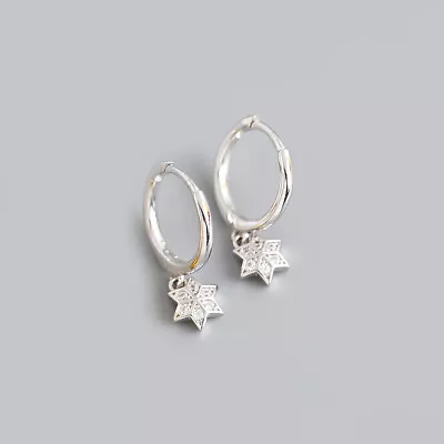 925 Sterling Silver Six-Pointed Star CZ Dangle Drop Huggie Hoop Earrings F0086 • $13.99