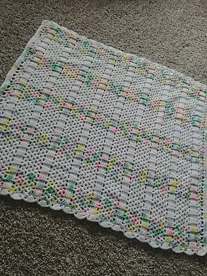 Vintage Crochet Afghan Blanket Baby Crib White Pink Yellow Blue Gender Neutral • $10.25