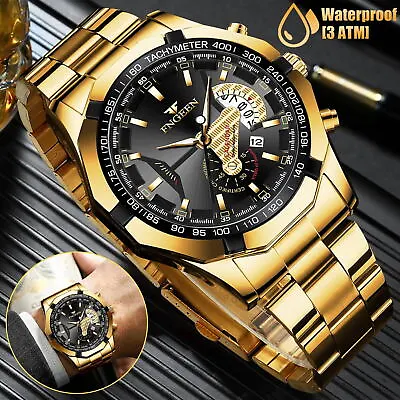 Waterproof Gold Men's Watch Classic Stainless Steel Quartz Business Wristwatch • $13.28