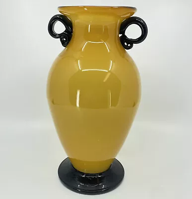 Early Yellow VENINI Murano Art Glass Vase With Applied Black Handles • $124.99