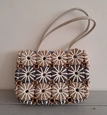 Circle Rope & Raffia With Wood Rings Double Handle Hand Bag Boho Retro 30x20cm • £8.50