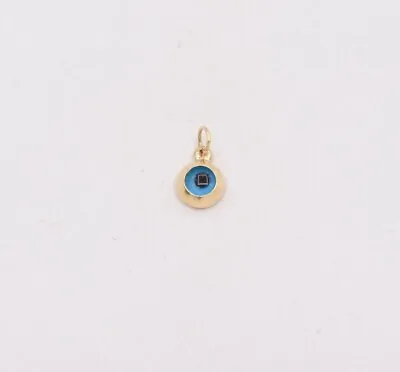 $34.99 • Buy Round Small Ocean Blue Evil Eye Charm Pendant Real 14K Yellow Gold