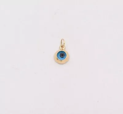 $34.99 • Buy Round Small Ocean Blue Evil Eye Charm Pendant Real 14K Yellow Gold