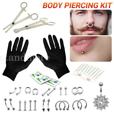 41PCS/Set Pro Body Piercing Tool Kit Ear Nose Stud Belly Navel Nipple Needles • £7.49