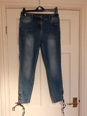 Blue Stretchy Sz 12 Skinny Jeans Lace Up Distressed Bottom Worn Twice • £4.99