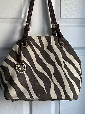 Michael Kors Brown Zebra Print Coated Canvas Bag With Leather Straps Logo Adjust • $44.95