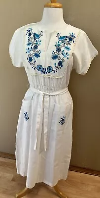 Vtg 60s 70s White Embroidered Birds Flowers Hippie Sun Dress L / XL ~ • $34.99