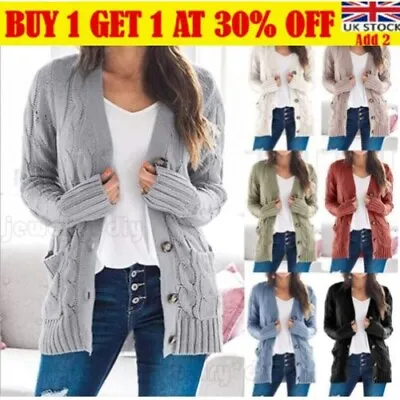 £12.85 • Buy Womens Ladies Chunky Cable Knit Cardigan Button Long Sleeves Grandad Plus Sizes