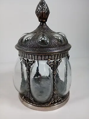 $89.99 • Buy Ornate Metal Brass Blown Bubble Glass Apothecary Jar Urn Lid Vintage