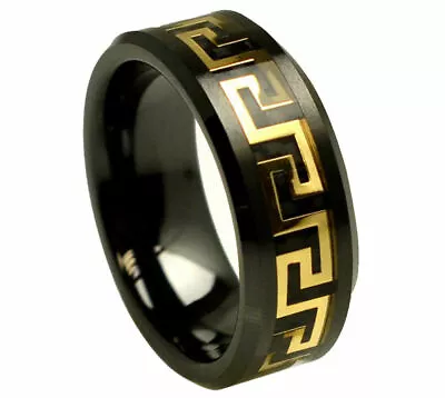 8mm Men's Aztec Love Ceramic Greek Key Gold Plated Holiday Wedding Band Ring • $22.46