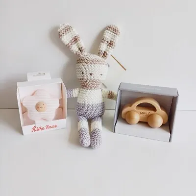 Baby BUNDLE: Knitted Bunny Soft Toy Wristband Rattle Wooden Car - NEW • £30