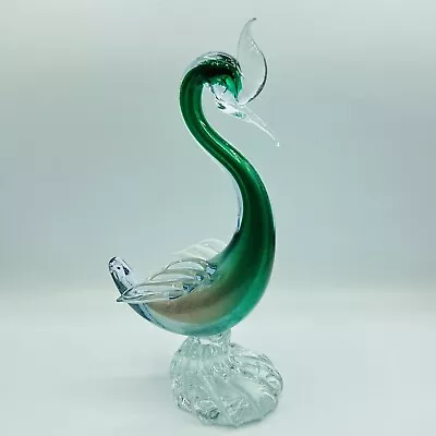 Vintage Murano Art Glass Large Silver Blue Green Swan 10.5  Figurine • $74.95