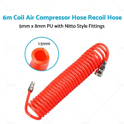 With Nitto Style Fittings 6m Coil Air Compressor Hose Recoil Hose 5mm X 8mm PU • $18.27