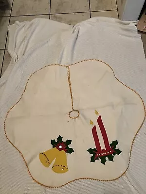 Vintage Handmade Felt And Sequin Christmas Tree Skirt 34/35 In. *Yellow RicRac • $20