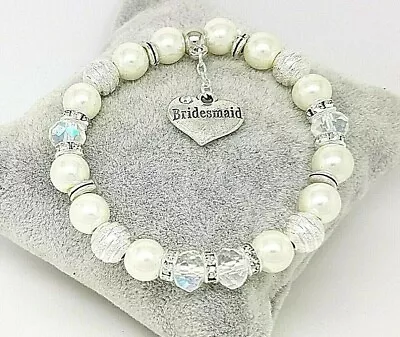 £3.95 • Buy Personalised Clear Crystal Wedding Bridesmaid Bride Charm Elasticated Bracelet #