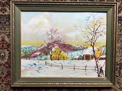 Vintage 1965 Primitive Grandma Moses Style Winter Oil Painting By L Doucette • $99.99