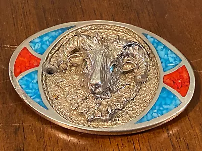 Vintage Belt Buckle Silver Turquoise & Coral Inlay Ram Head Signed 1960 • $29.99