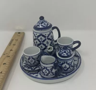 VTG Miniature Doll Tea Set Blue & White Platter Teapot Sugar Creamer Cups 10 Pc • $18.99