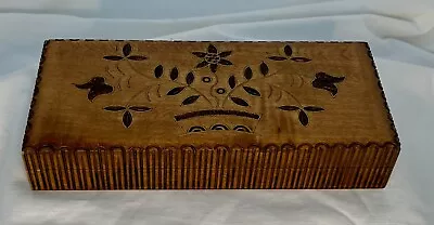 Vintage Wooden Box Carved Floral Design Brass Wire  Inlaid Made In Poland • $17.99