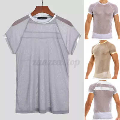 UK Mens Mesh Sheer Muscle Fit Shirt See Through T Shirt Top Clubwear Blouse Tee • £10.20