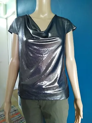 £5 • Buy Silver Scooped Neck Shiny Top (UK Size 16) Clubbing Evening Wear