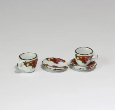Dollhouse Miniature Pair Of Dresden Rose Tea Cups With Saucers • $3.99