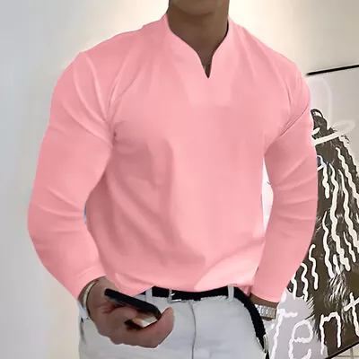 Mens Casual Shirt Long Sleeve Collarless Shirts Plain Formal Blouse Tops T-Shirt • £11.59