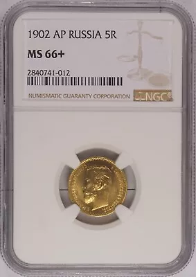 1902 AP Imperial Russia 5 Roubles Gold Coin NGC MS66+ Y# 62 • $785