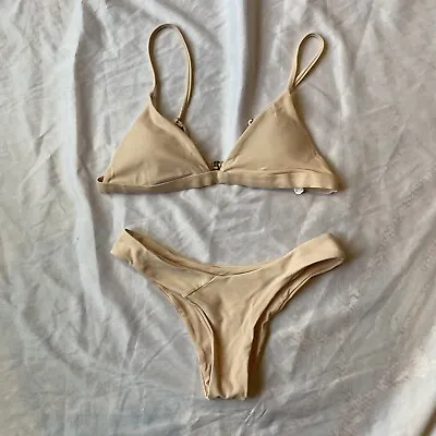Zaful Swim Swimwear Bikini Set Triangle Top Cheeky Bottom Beige Pink Small • $12.39