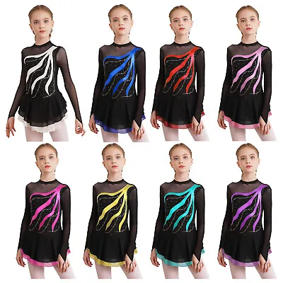 Girls Long Sleeve Rhinestone Ice Roller Figure Skating Leotard Dress Dancewear • £22.81