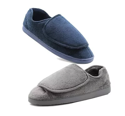 Mens Diabetic Touch Fasten Wide Opening Slippers Lightweight Slip On House Shoes • £13.99