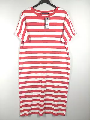 M&S Womens Dress Size 10 Red White Stripe Jersey Cotton Long Tee Shirt Summer • £12.99