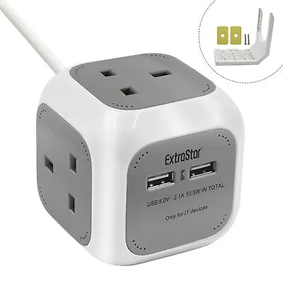 £13.99 • Buy 4 WAY CUBE SOCKET POWER WITH 2USB Plug Socket ELECTRIC EXTENSION LEAD CABLE GREY