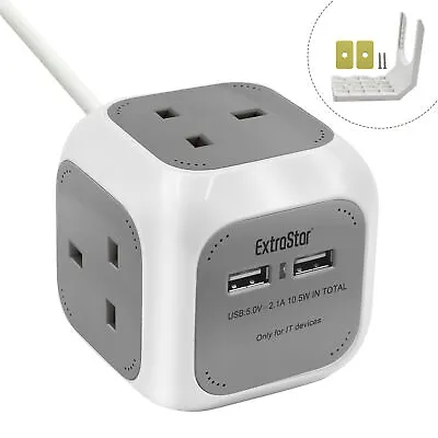 4 WAY CUBE SOCKET POWER WITH 2USB Plug Socket ELECTRIC EXTENSION LEAD CABLE GREY • £13.99