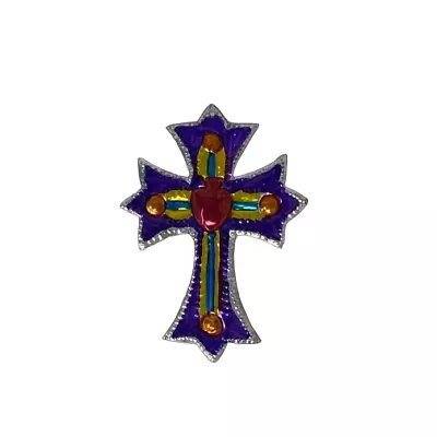 Rustic & Vintage Mexican Folk Art Purple Tin Cross With Red Milagro Heart Cente • $9.95