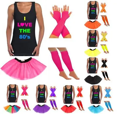 Ladies 80s Fancy Dress Vest Tutu Skirt Gloves Neon Party Fancy Dress Hen Party • £13.49