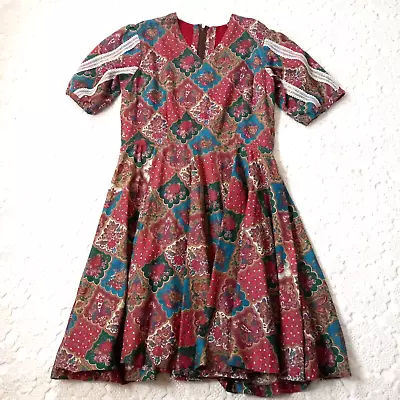 Vtg 80s Fit Flare Dress Puff Sleeve Knee Length Multicolor Floral Large Women L • $24.99