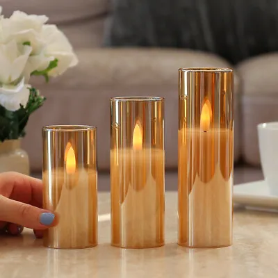 £18.99 • Buy 3 Pack | Battery LED Flameless Flickering Amber Glass Pillar Christmas Candles