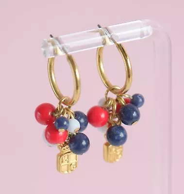 VINTAGE SIGNED LIZ CLAIBORNE DANGLING Red White Blue Beaded Pierced EARRINGS • $6.99